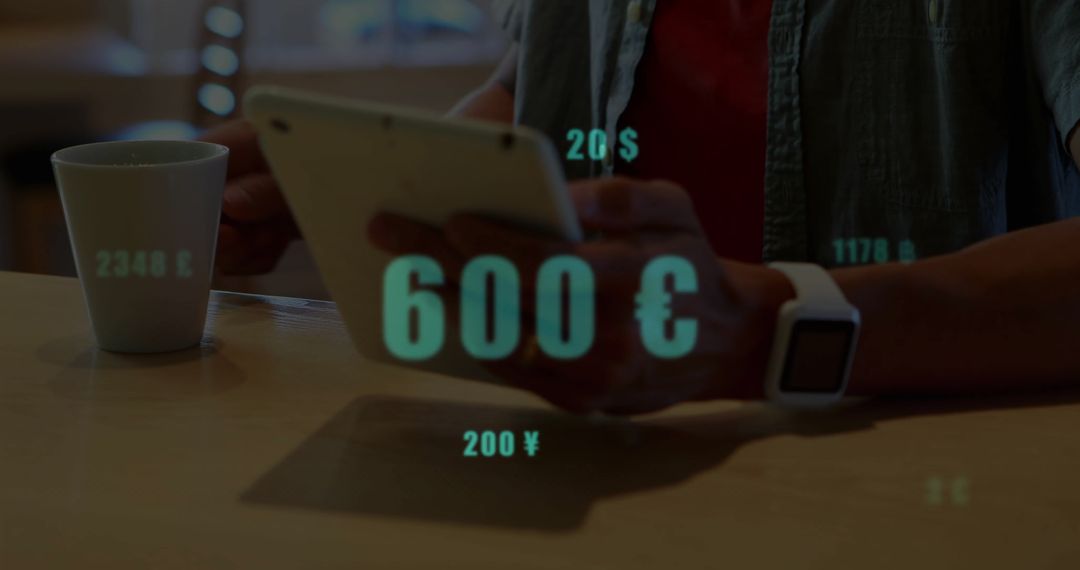 Man Engaged with Digital Currency Conversion Infographic on Tablet