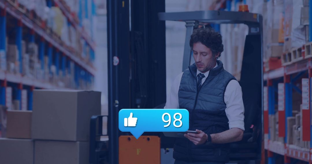 Warehouse Supervisor Holding Tablet in Aisle Managing Inventory with Forklift and Pallets