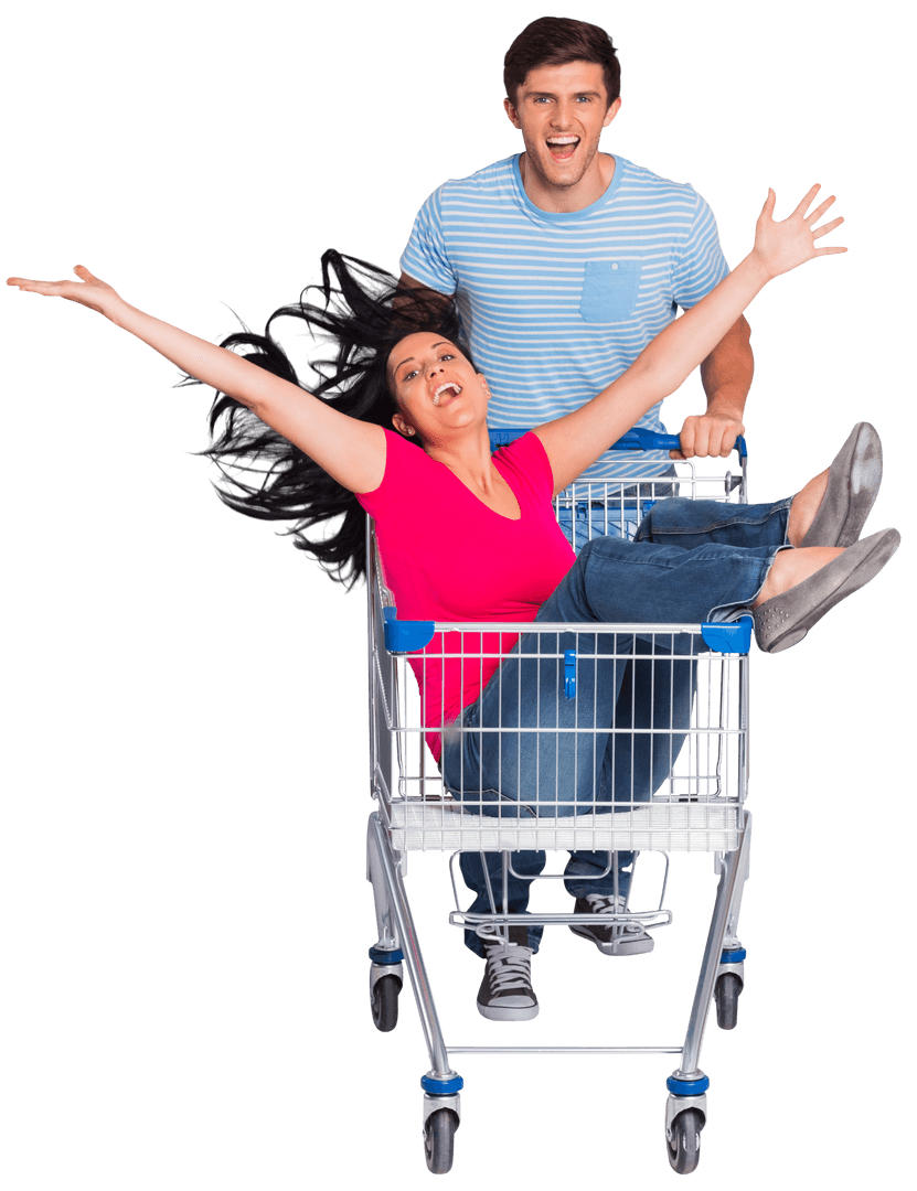 Happy Couple Having Fun Inside Shopping Cart Transparent