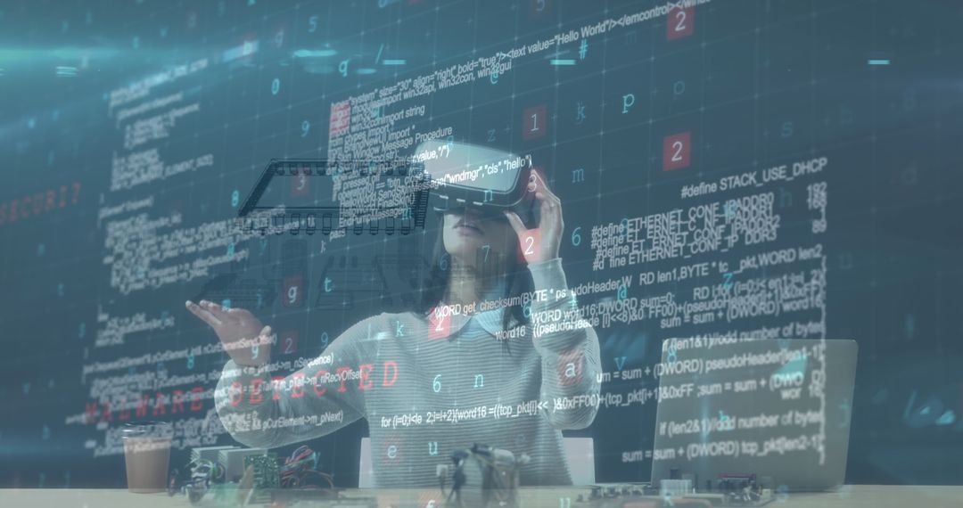 Woman Using VR Headset with Coding Background