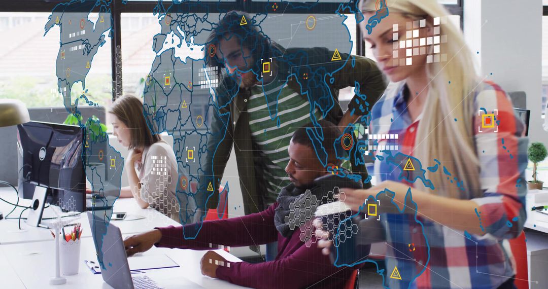 Team Collaborating on Global Data Visualization Overlay in Bright Open Office