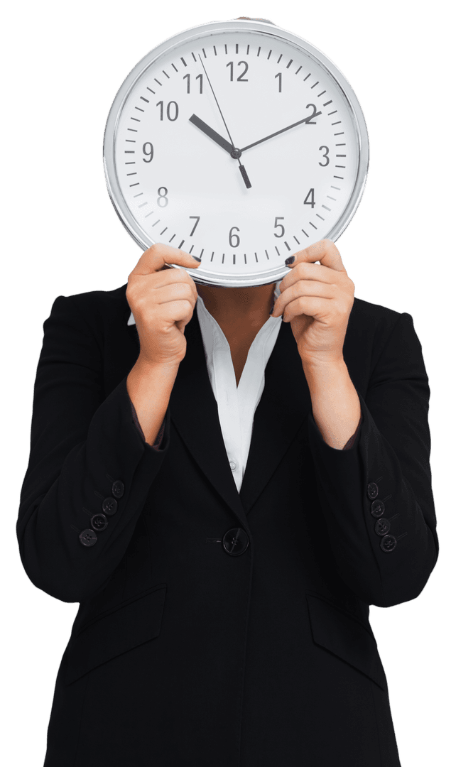 Businesswoman Holding Transparent Clock Face for Time Management Concept