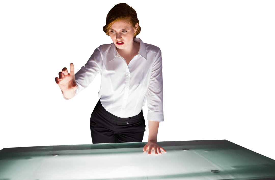 Businesswoman Interacting with Transparent Futuristic Touchscreen