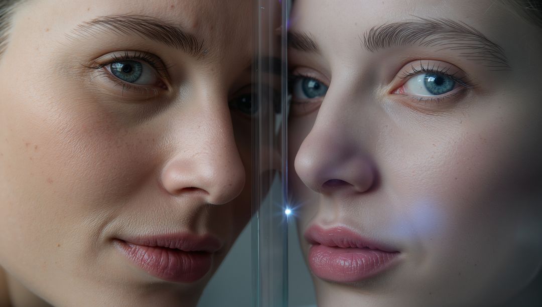 Young woman pressing face against glass showing mirror reflection, freckles, soft cool lighting