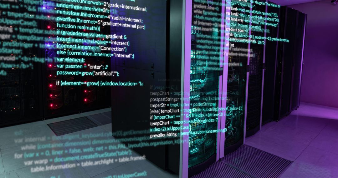 Digital Code Overlay on Modern Server Room Infrastructure