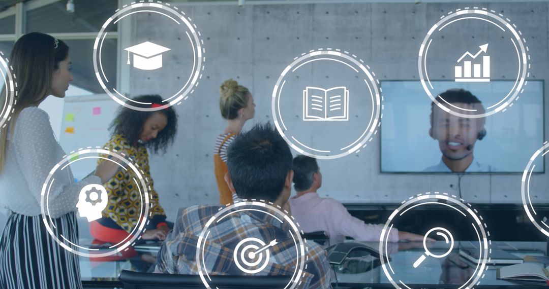 Diverse Business Team in Video Conference with Digital Overlay Icons