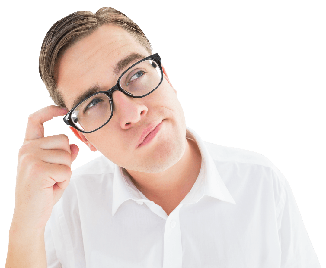 Thoughtful Young Man in Glasses Scratching Head Transparent Background