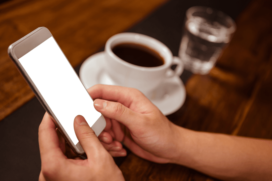 Hands Holding Smartphone Near Coffee Transparent Screen