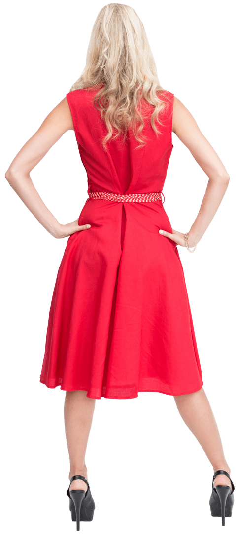 Elegant Blonde Standing in Transparent Red Dress Back View