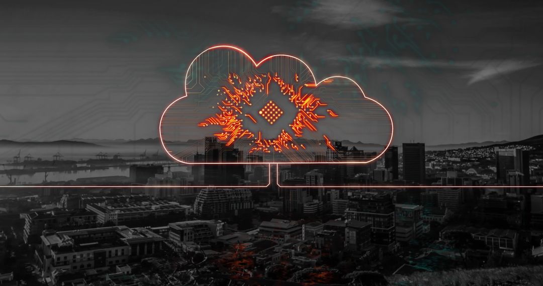 Digital Cloud with Flame Effects Overlaying Cityscape