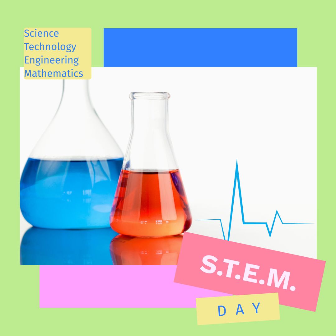 STEM Day Celebration with Chemistry Flasks and Colorful Background