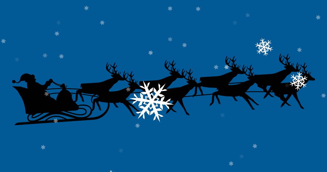 Silhouette of Santa's Sleigh with Reindeer in Snowy Sky