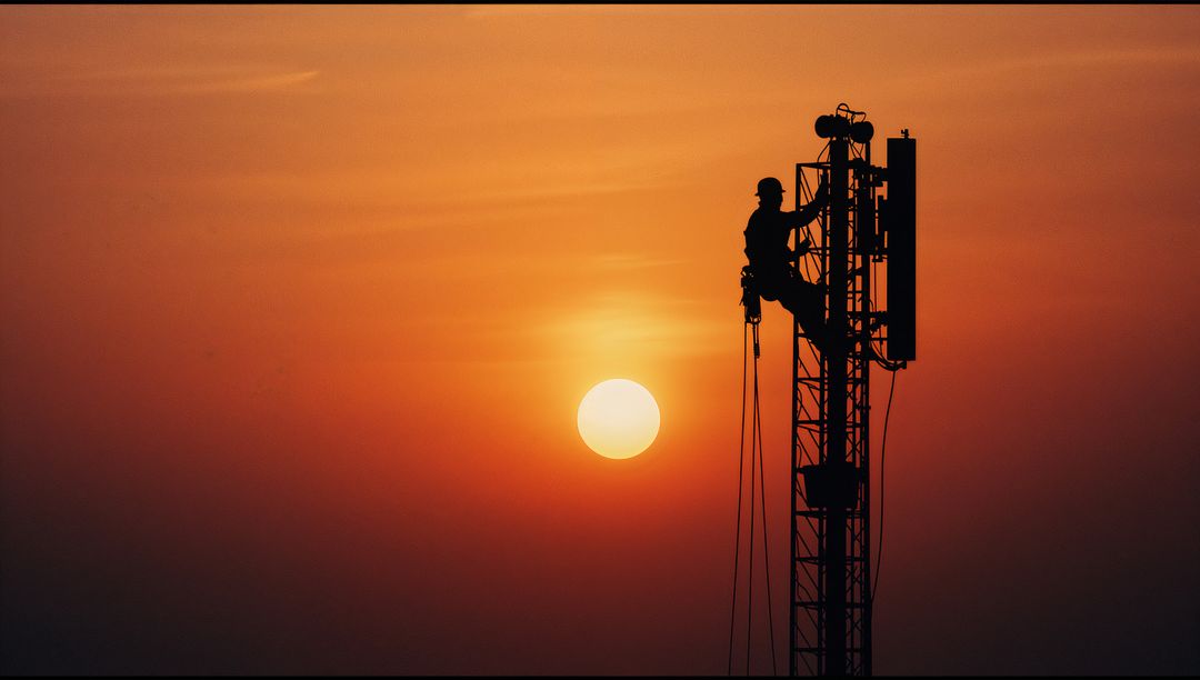 Tower Technician Adjusting Antenna During Sunset