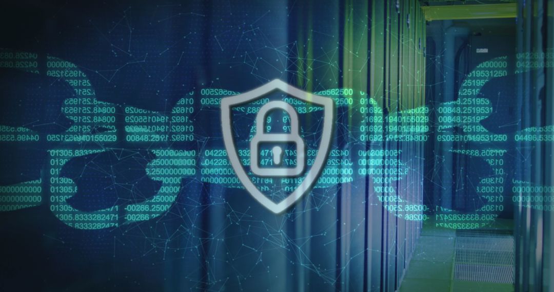 Cybersecurity Icon with Padlock Over Data Center View