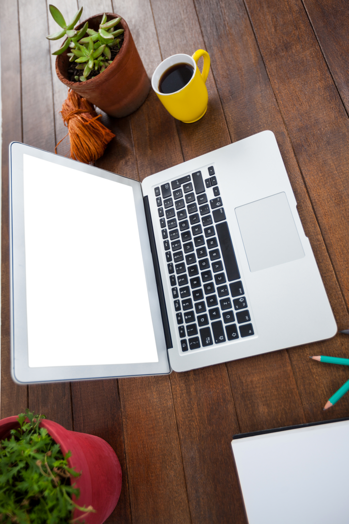 Transparent Laptop Screen on Wooden Desk with Coffee and Pot Plants - Download Free Stock Images Pikwizard.com