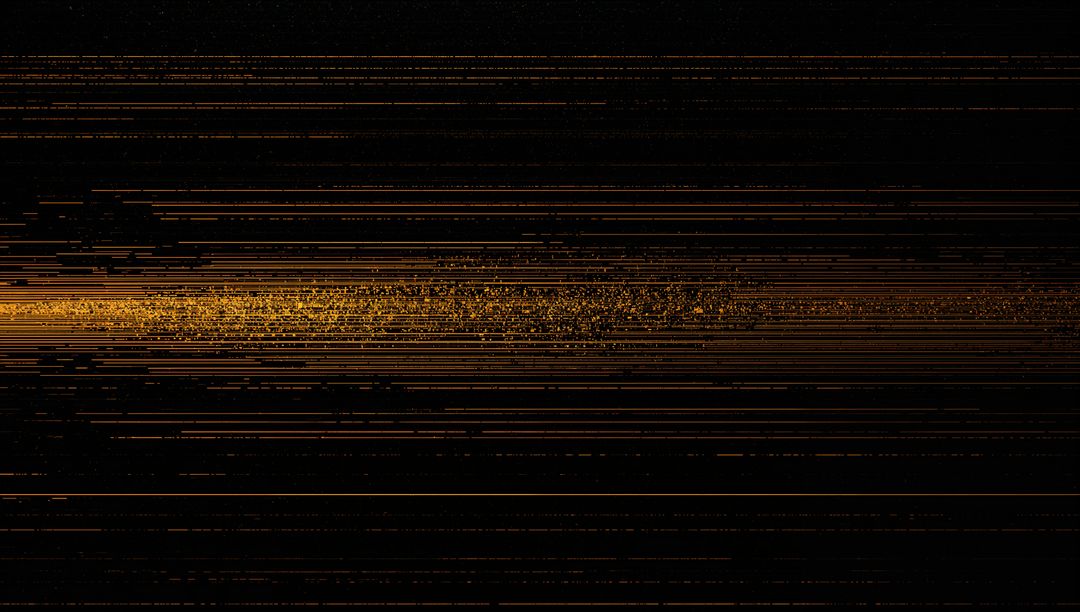 Streaming Golden Data Band with Horizontal Glitch Lines and Particle Trail on Dark Field