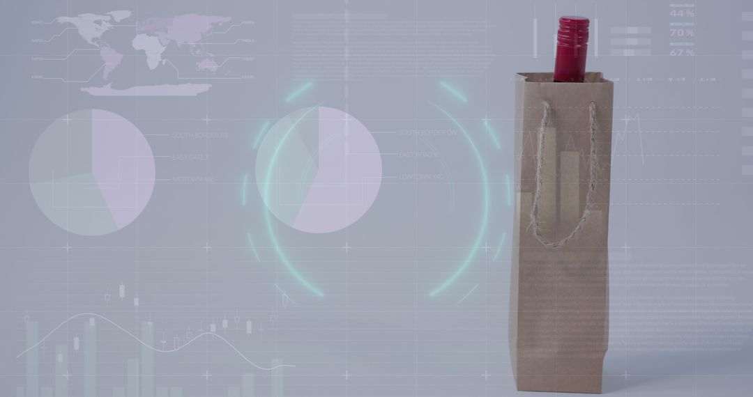 Wine Bottle in Eco-friendly Bag with Financial Data Backdrop