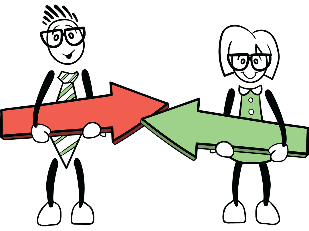 Cartoon Characters Holding Colorful Transparent Arrows