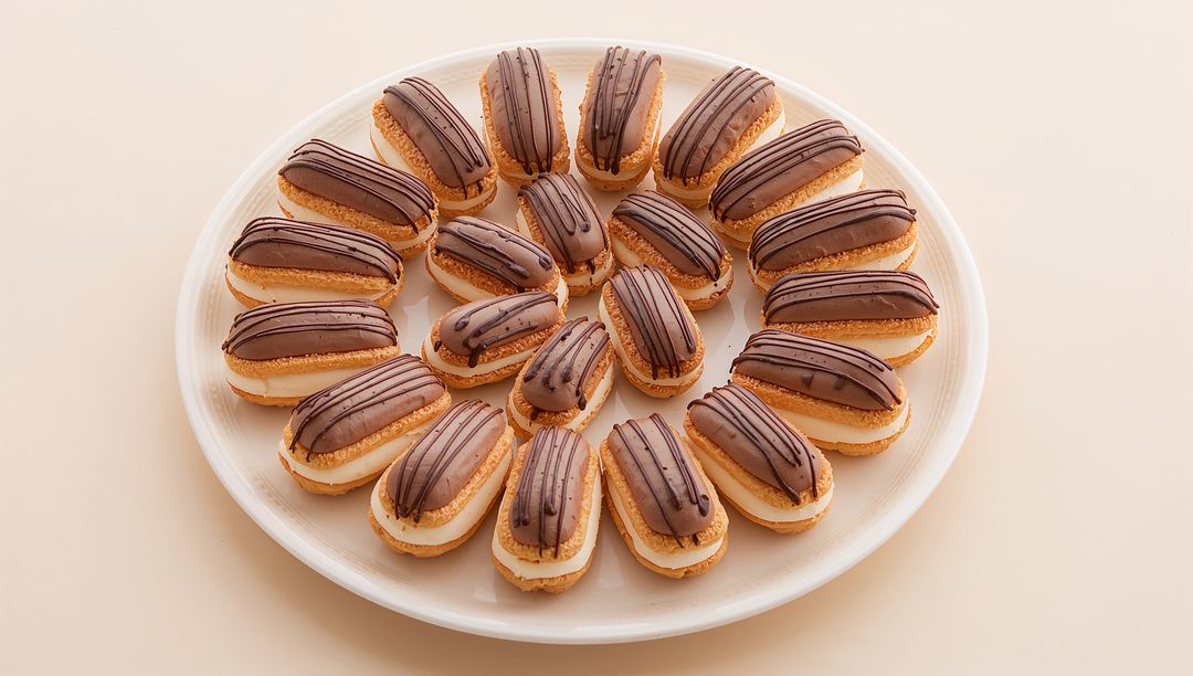 Mini eclairs forming concentric pattern on white plate with chocolate drizzle