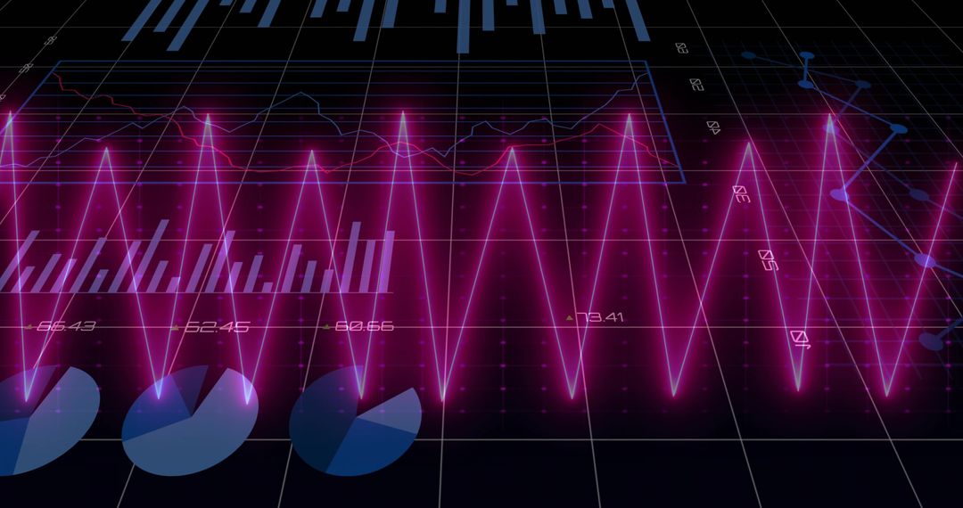 Pulsing Neon Magenta Waveform Over Dark Data Grid with Holographic Charts