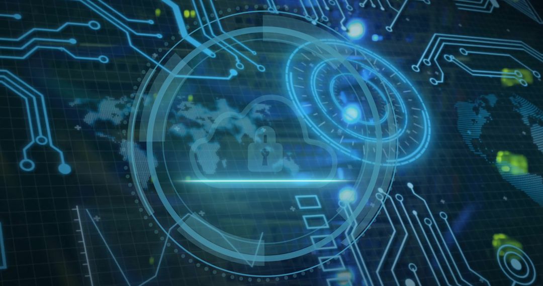 Cyber Security Concept with Padlock and Circuit Board Visualization