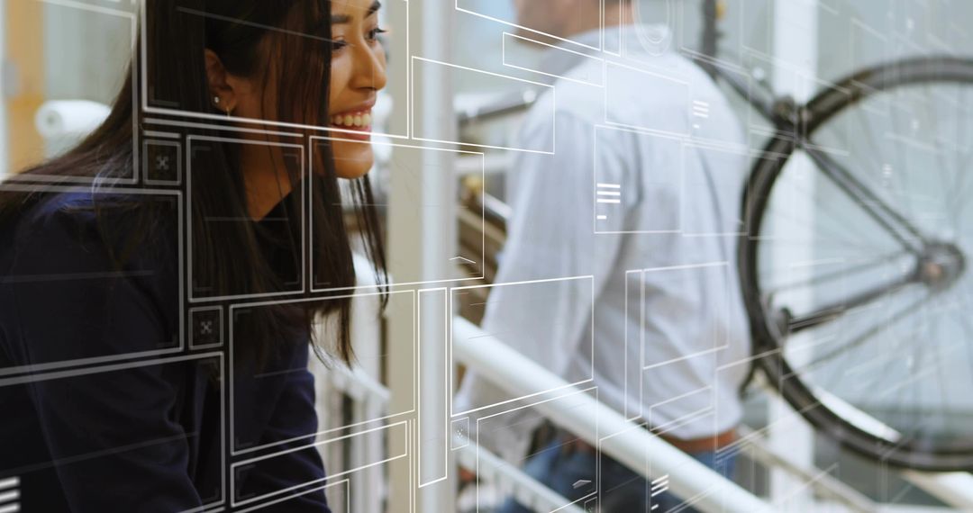 Young professional woman leaning on office railing smiling with digital interface overlay
