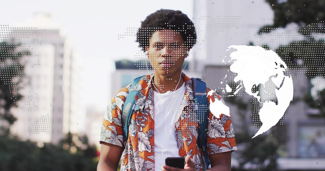 Urban Explorer: Young Man with Smartphone and World Map Overlay