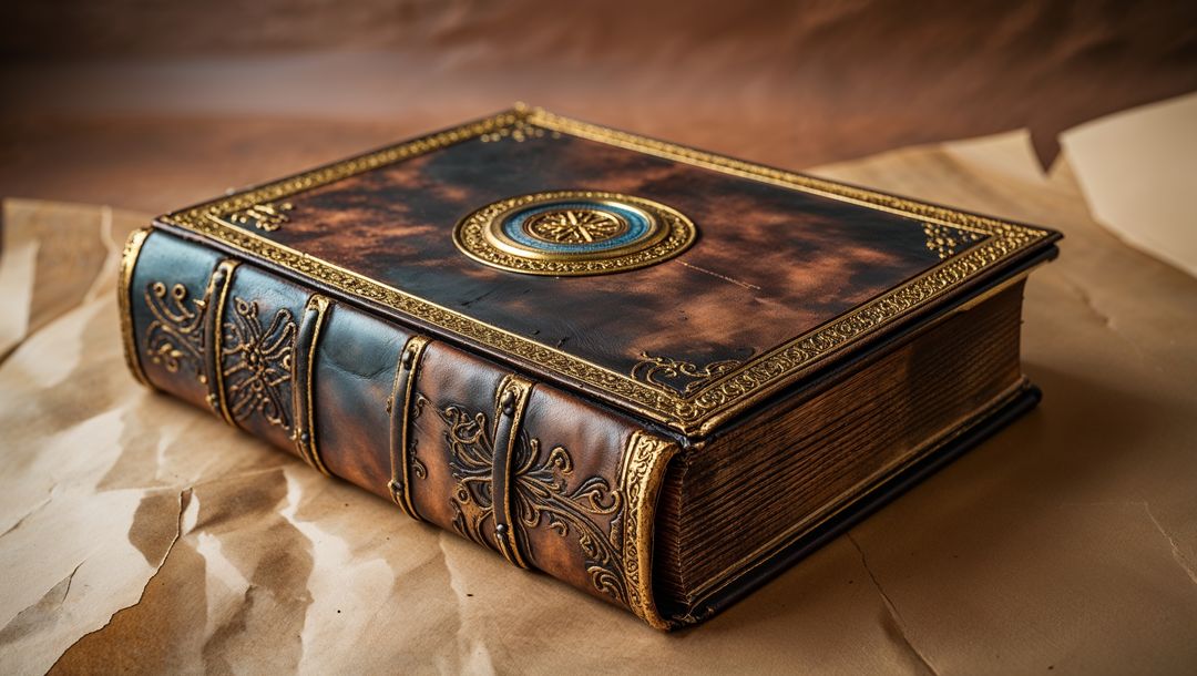 Ornate Leather-Bound Antique Book with Gold Embossing on Tabletop