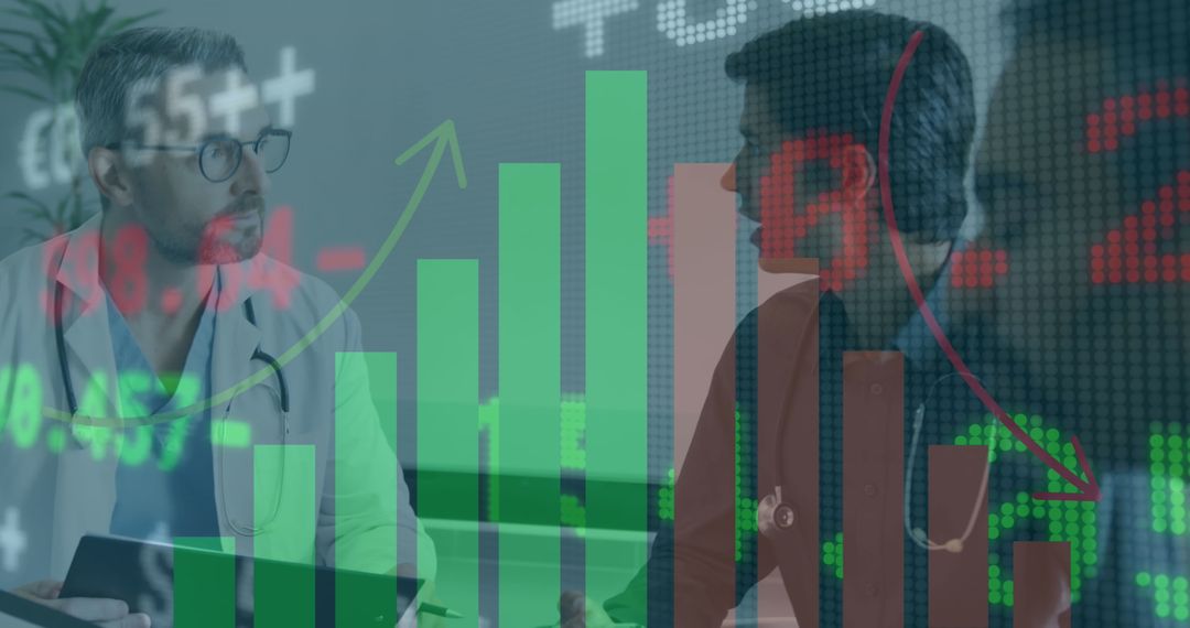 Doctors Analyzing Healthcare Data with Digital Graph Overlay