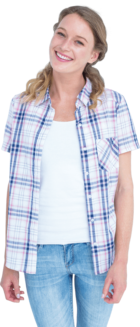 Transparent Happy Woman Smiling in Casual attire
