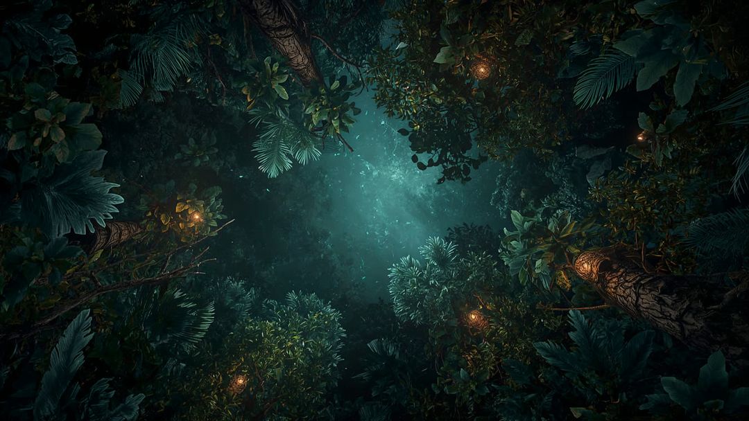 Mystical Forest Canopy with Glowing Sky and Lantern Orbs at Night