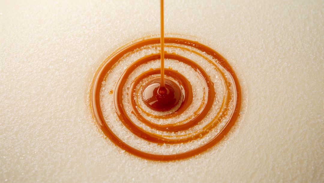 Pouring caramel creating concentric rings on granulated sugar surface, macro closeup