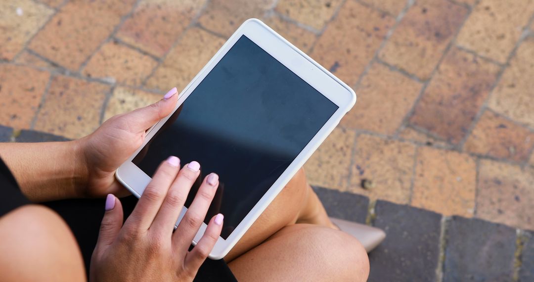 Woman Using White Tablet with Blank Screen - Free Images, Stock Photos and Pictures on Pikwizard.com