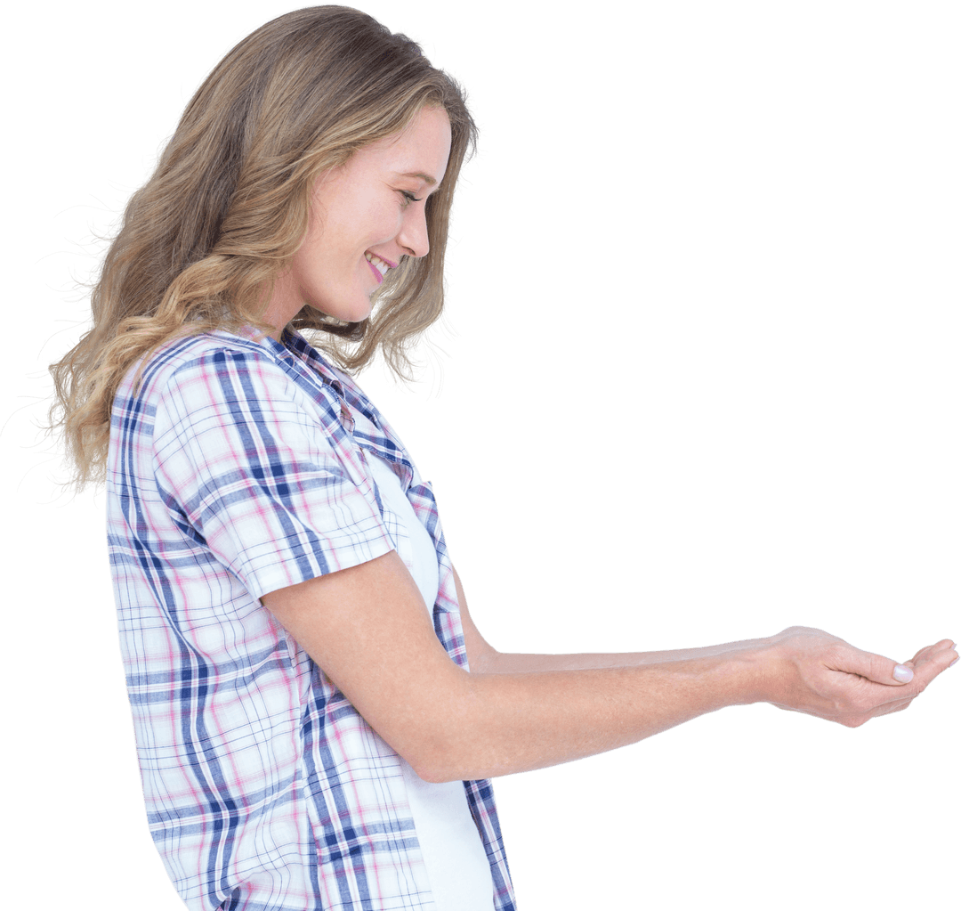 Cheerful Woman Holding Empty Space with Transparent Background