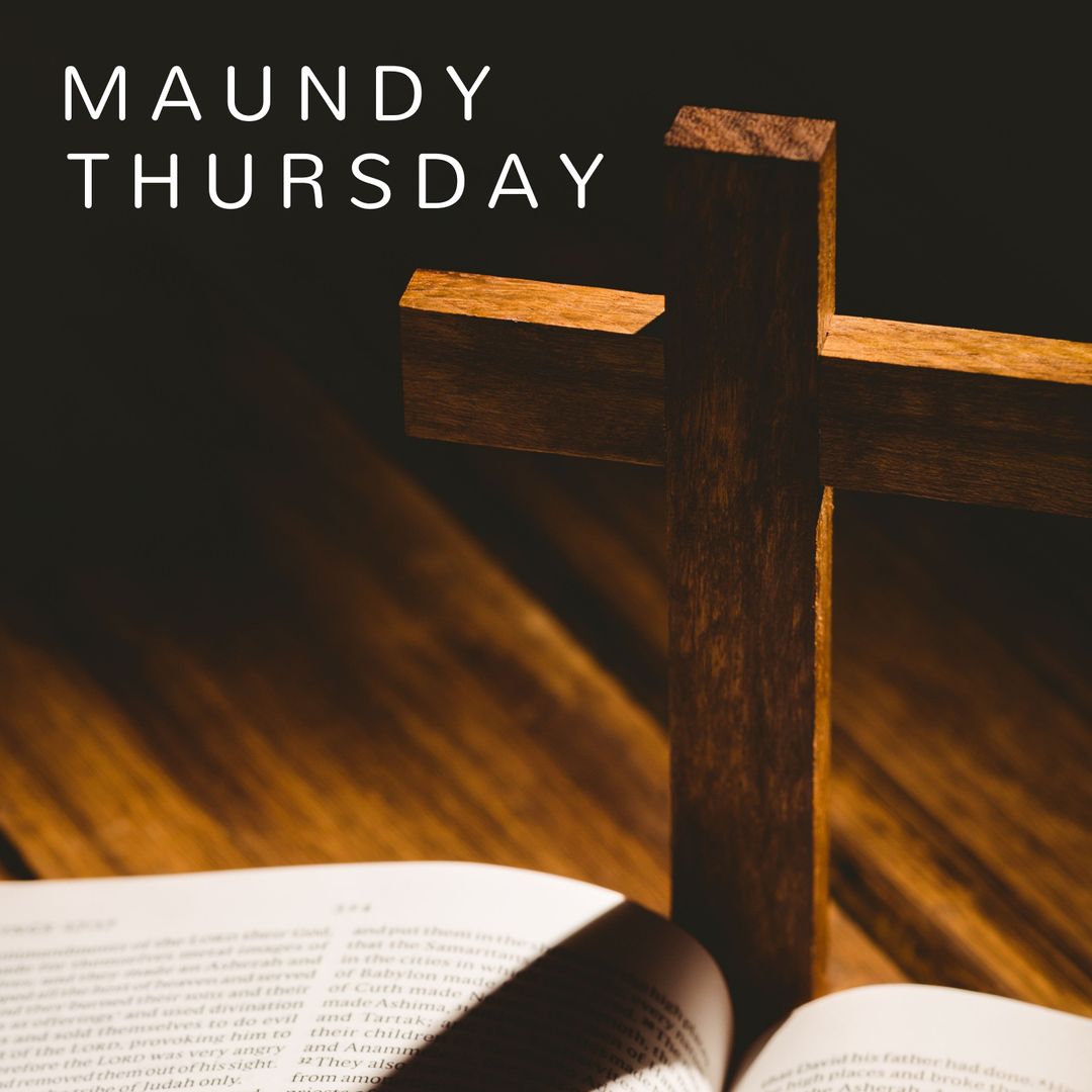 Maundy Thursday Cross and Open Bible on Wooden Table