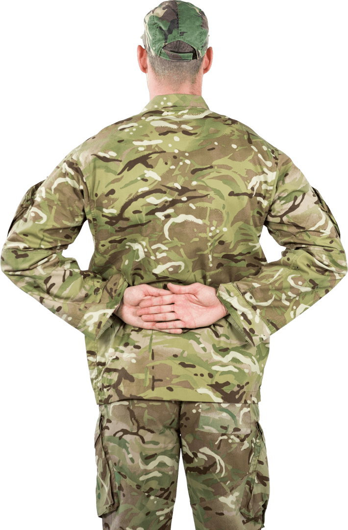 Transparent Rear View Soldier Standing with Hands Behind Back