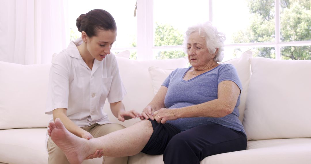 Female Nurse Assisting Senior Woman with Leg Exercise in Living Room - Free Images, Stock Photos and Pictures on Pikwizard.com