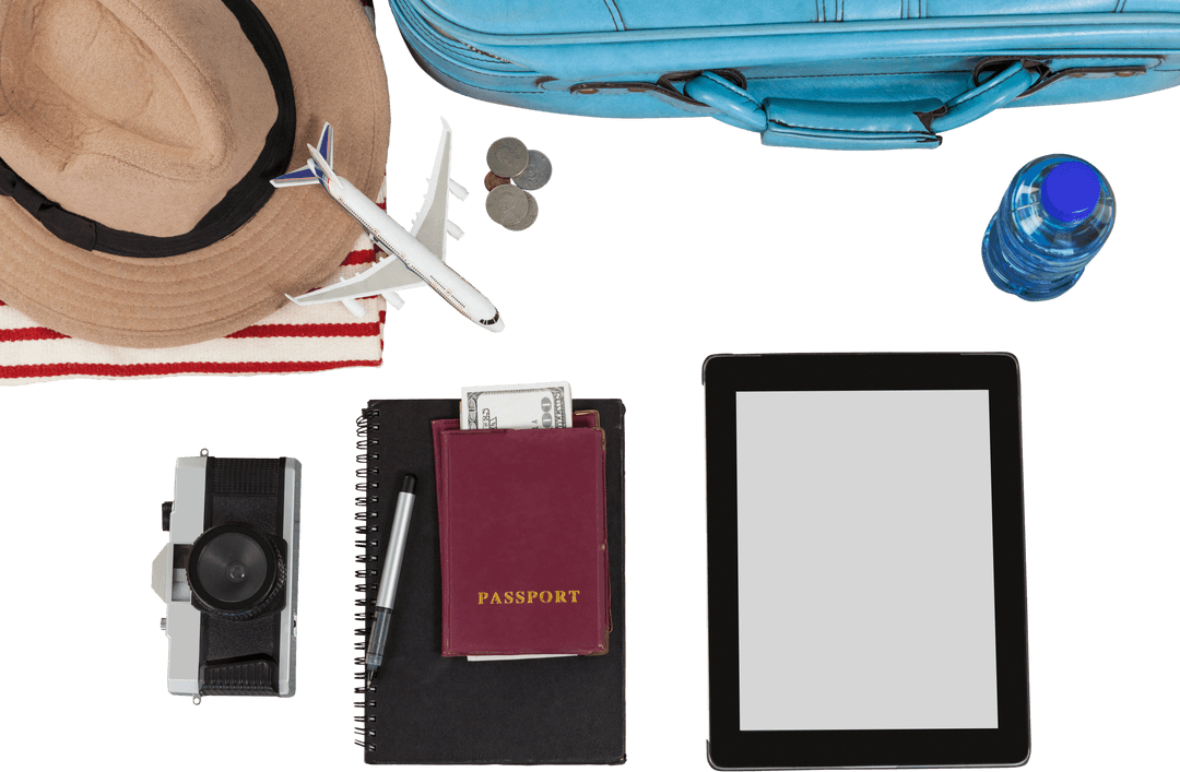 Transparent Travel Essentials Collection on White Backdrop Ideal for Inspiration