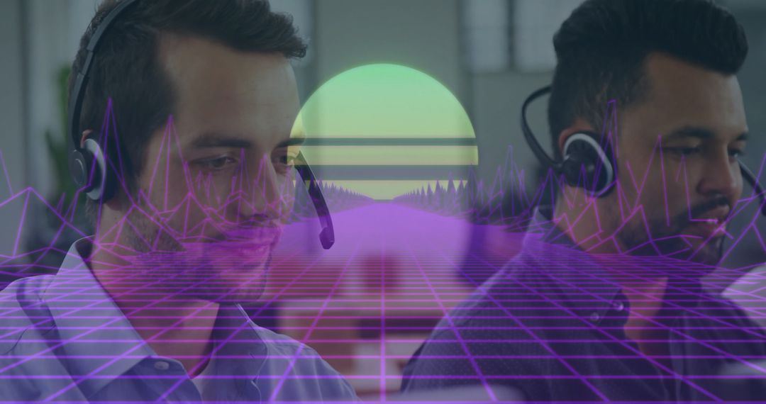 Modern Call Center Professionals with Futuristic Tech Overlay