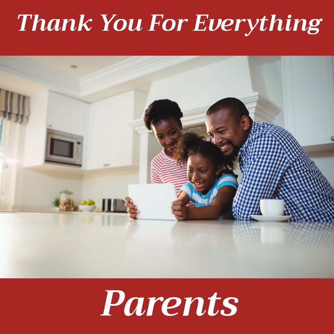 Happy Family with Daughter in Kitchen Expresses Gratitude