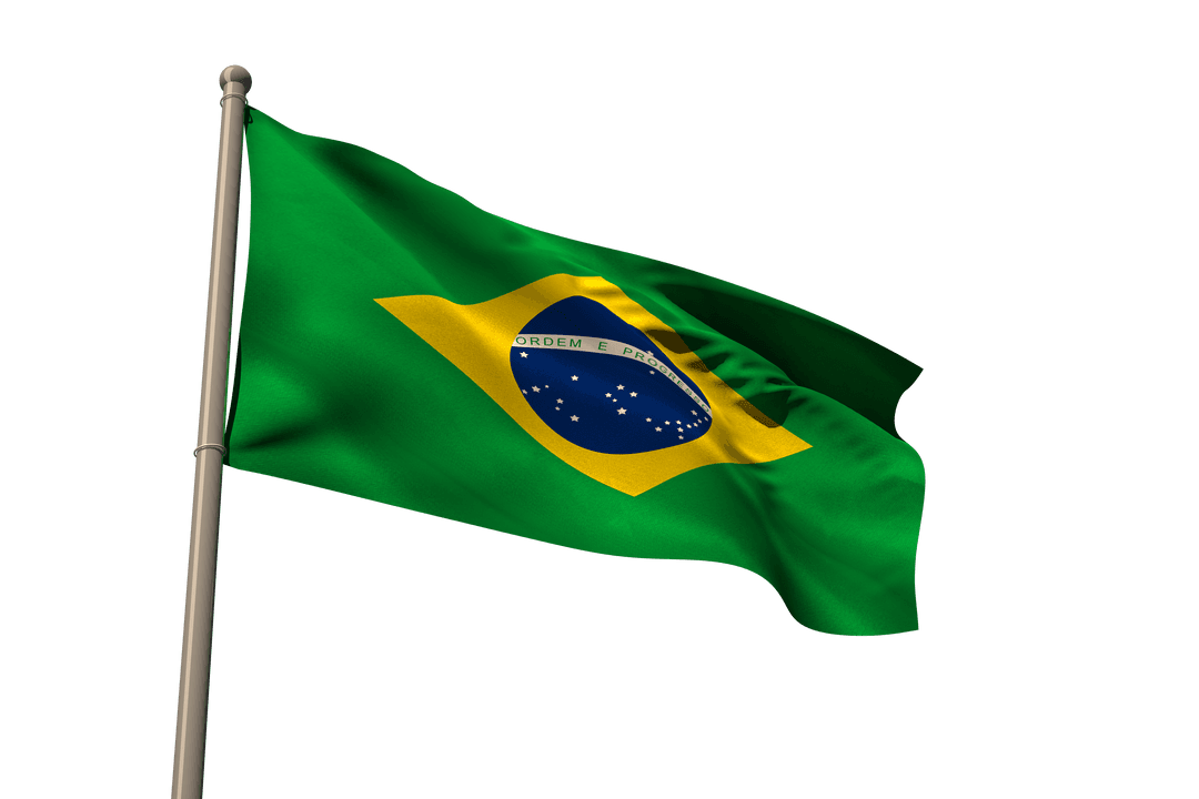 Brazil Flag Waving on Pole Transparent Background
