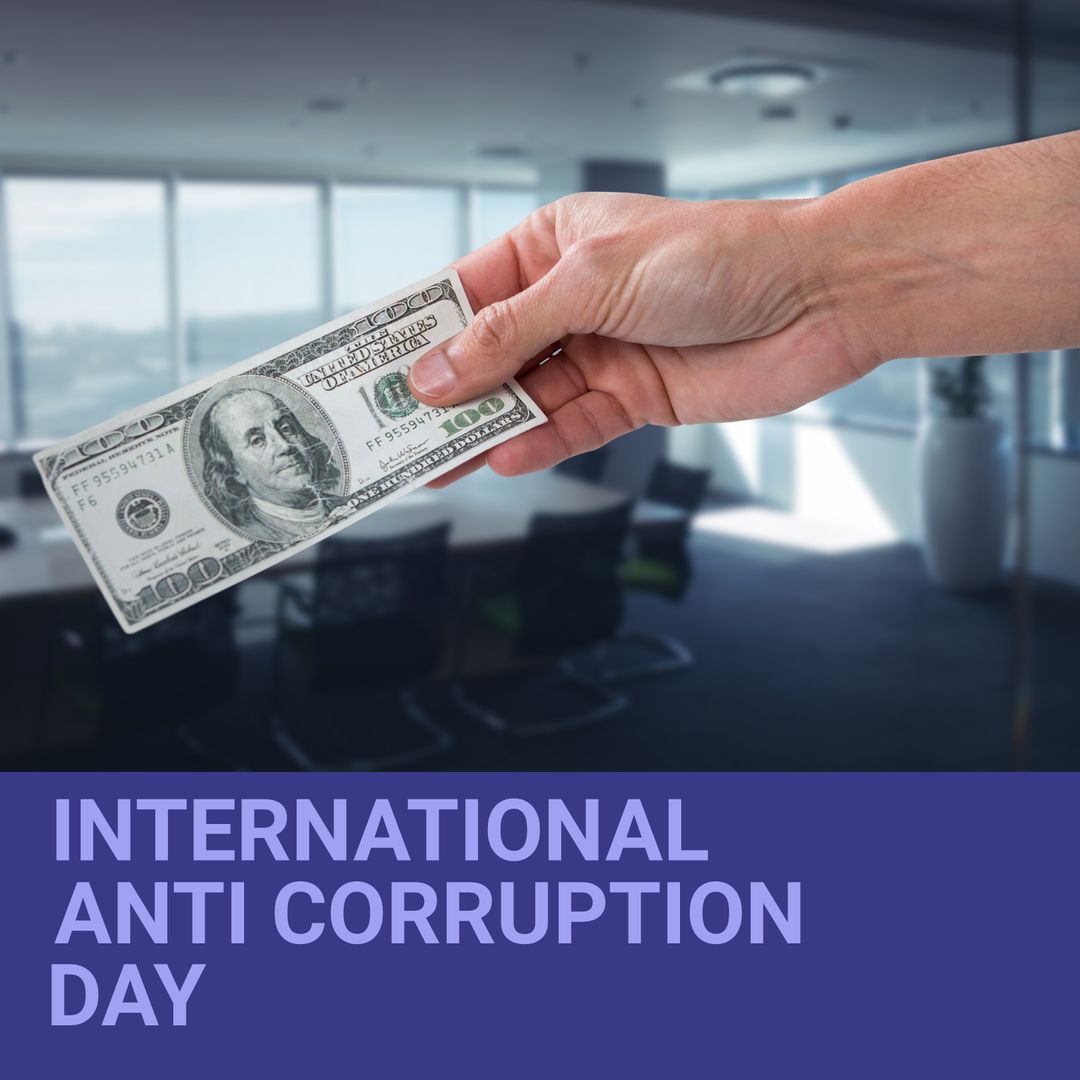 International Anti-Corruption Day Message with Businessman Holding Banknote