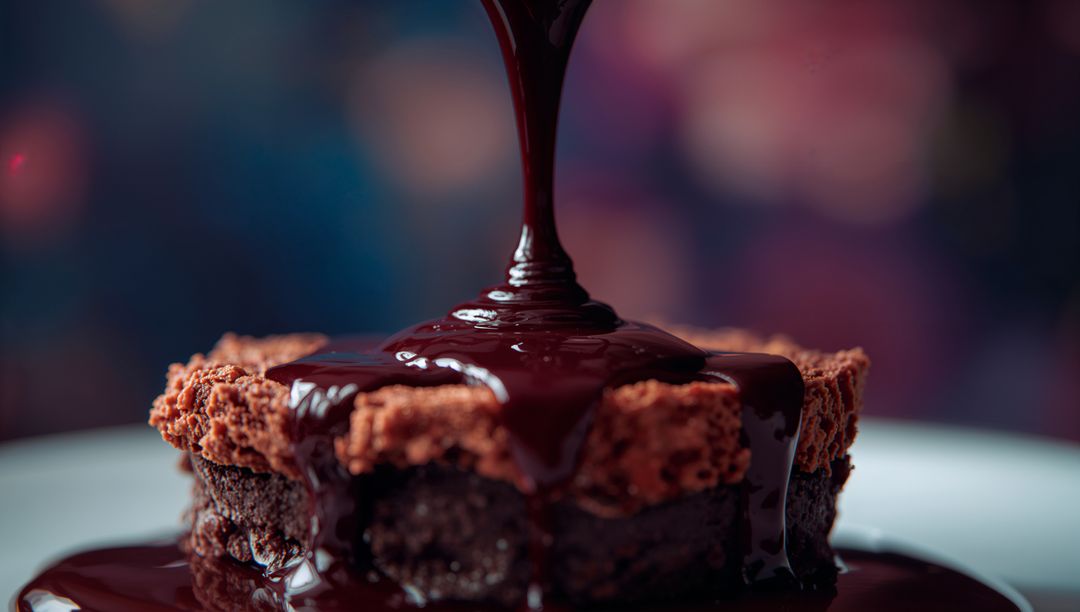Rich Chocolate Sauce Drizzled on Fudgy Brownie with Bokeh Bliss