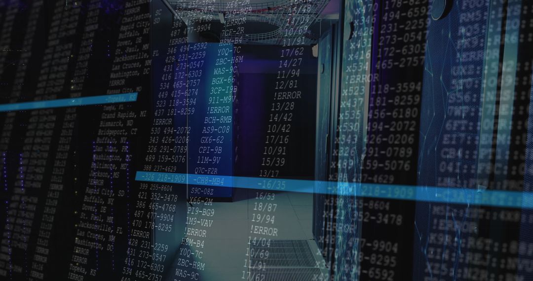 Data Center Aisle with Code Overlay Representing Cybersecurity