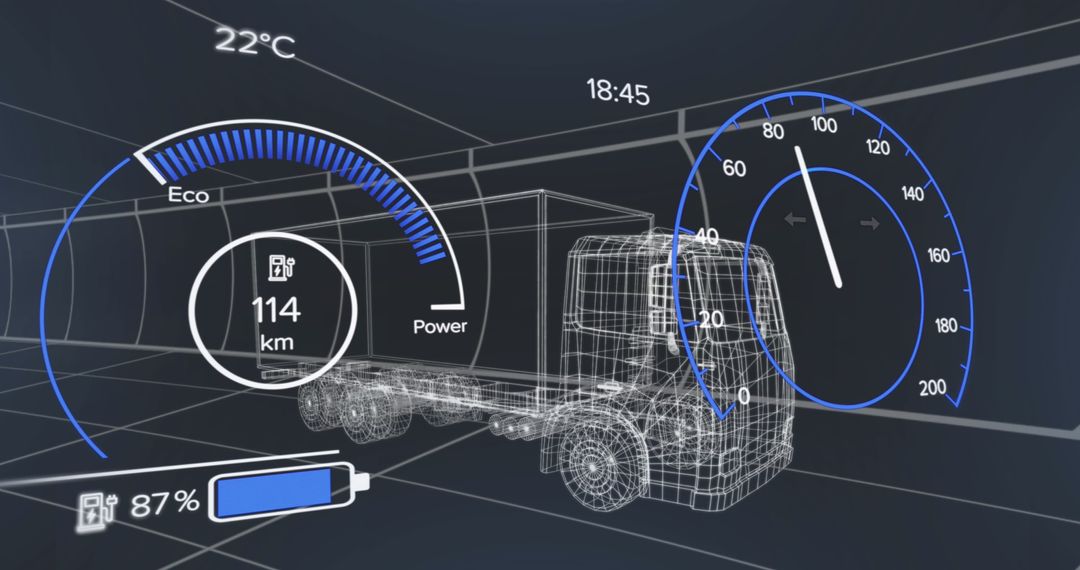 Vehicle Interface Overlaid on 3D Truck Model with Speedometer and Battery Status - Free Images, Stock Photos and Pictures on Pikwizard.com