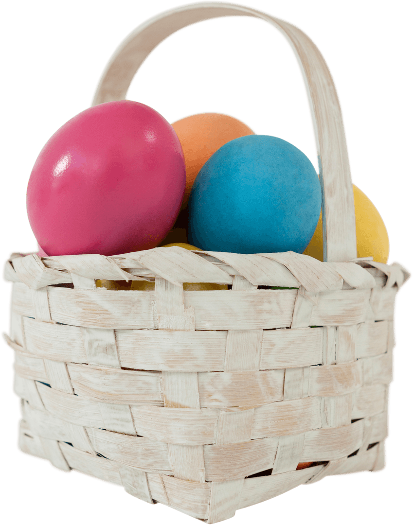 Colorful Easter Eggs in White Wicker Basket on Transparent Background