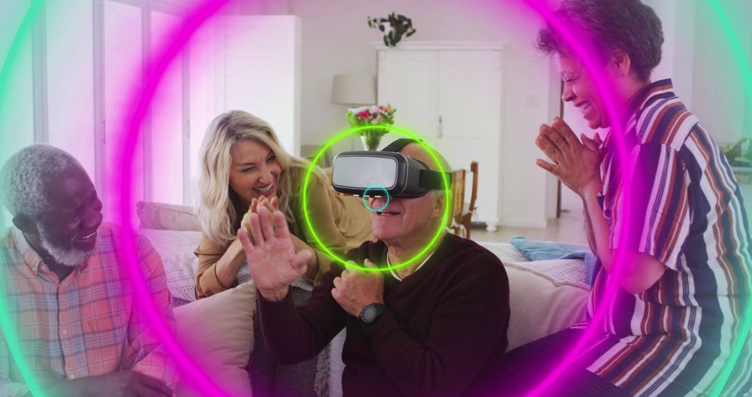 Seniors Enjoying Virtual Reality with Neon Overlay
