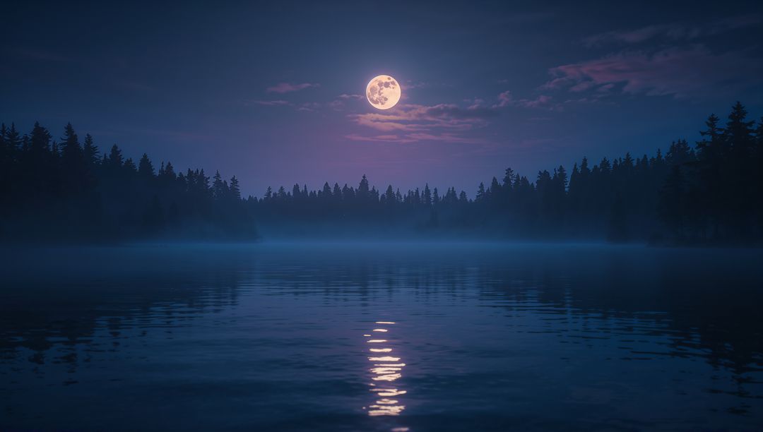Mystical Full Moon Reflecting on Tranquil Lake with Silhouetted Trees