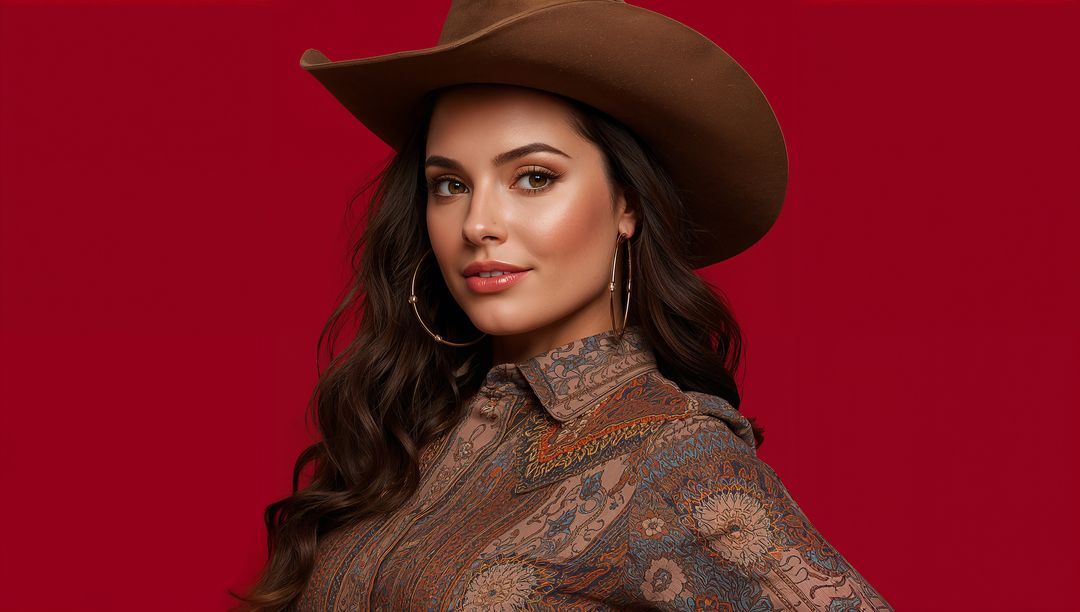 Elegant woman wearing cowboy hat and paisley shirt against red background