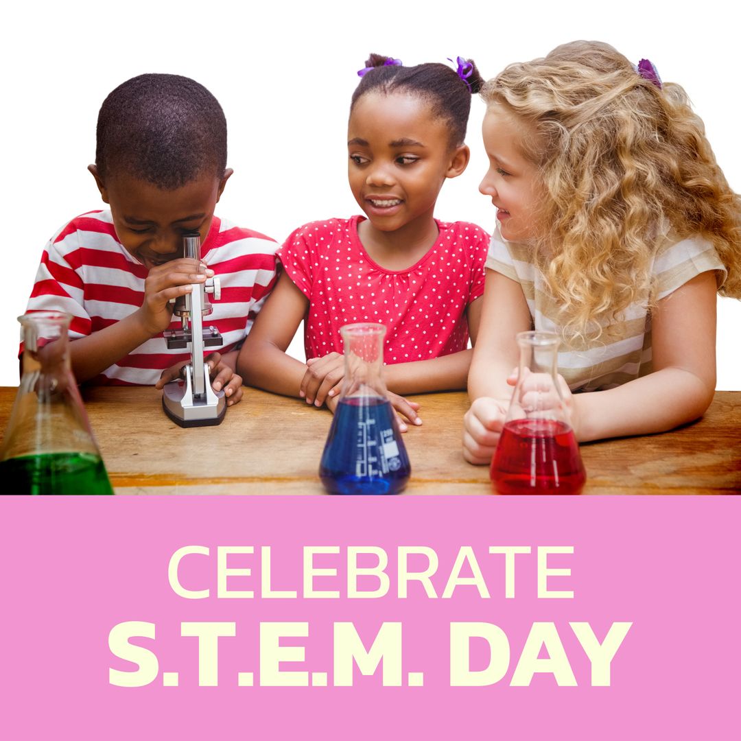 Composite of celebrate stem day text and diverse girls looking at boy using microscope in school - Download Free Stock Templates Pikwizard.com